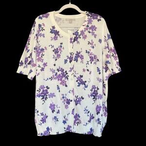 Woman Within Sweater Women Plus 18/20 Purple Floral Short Sleeve Cardigan Cotton